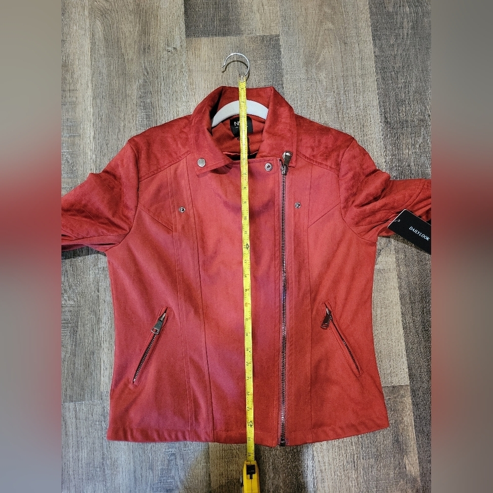Women's Red Faux Suede Jacket with Quilted Sleeves - Picture 9 of 12